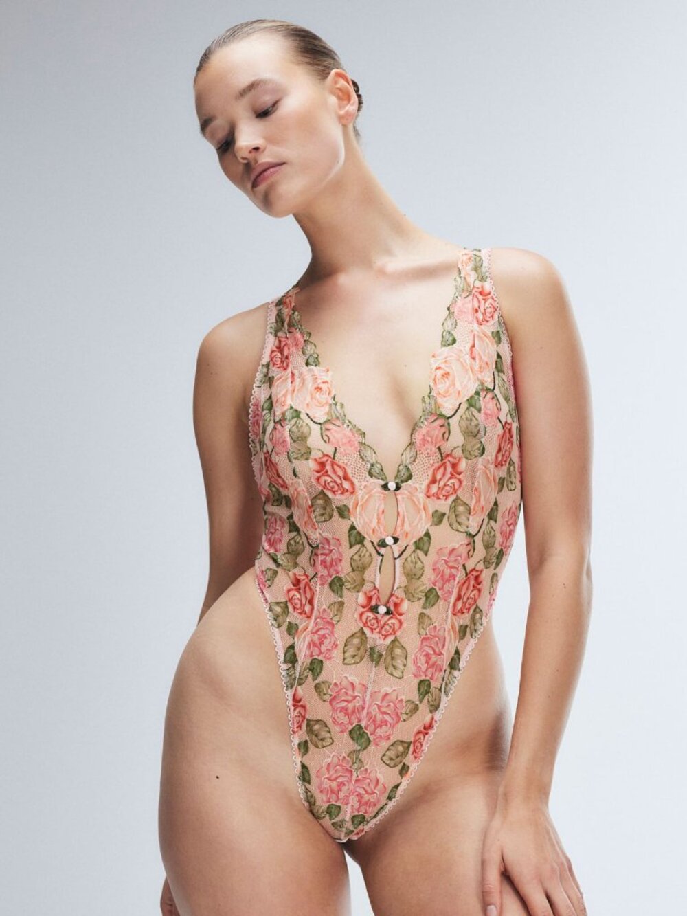Savage X Fenty Les Roses Porcelain Pink Floral Lace Plunge Teddy Bodysuit S
